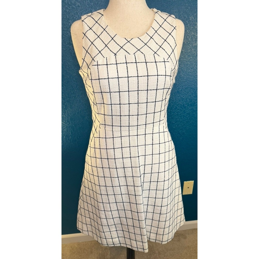 J.Crew Windowpane Grid Textured Fit and Flare Dress White Navy Blue Size 10
